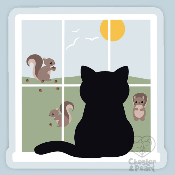 Squirrel-Watching Black Cat 3x3-in. Clear Vinyl Sticker