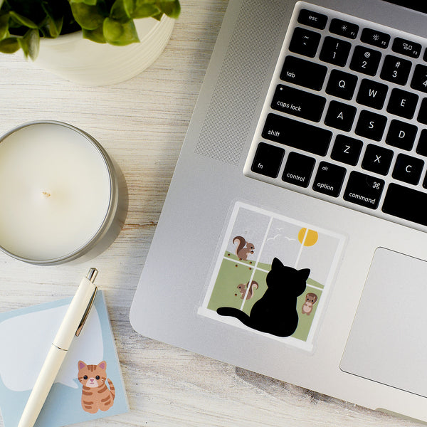 Squirrel-Watching Black Cat 3x3-in. Clear Vinyl Sticker