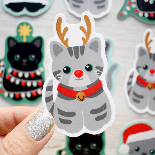 Reindeer Cat 3-in. Vinyl Christmas Sticker