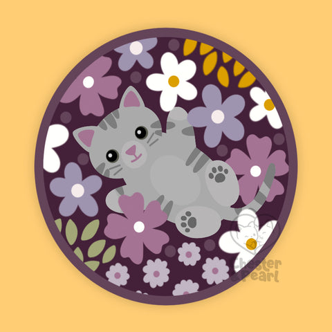Gray Tabby Cat in Flowers 3-in. Round Vinyl Sticker