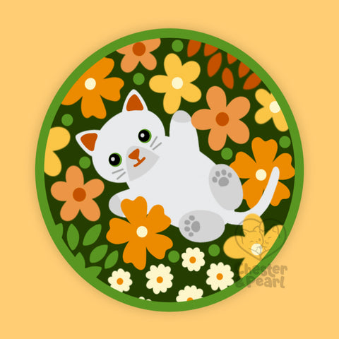 White Cat in Flowers 3-in. Round Vinyl Sticker