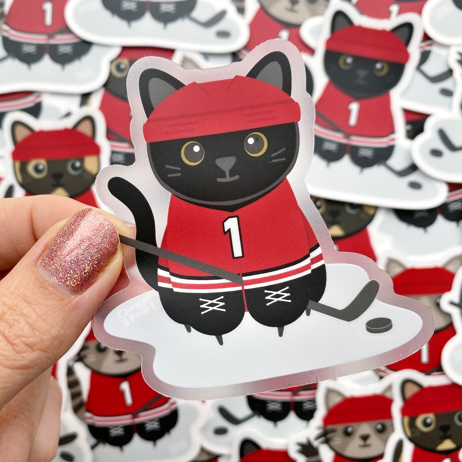 Black Hockey Cat 3x3-in. Clear Vinyl Sticker