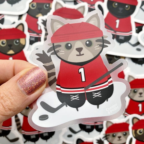 Tabby Hockey Cat 3x3-in. Clear Vinyl Sticker