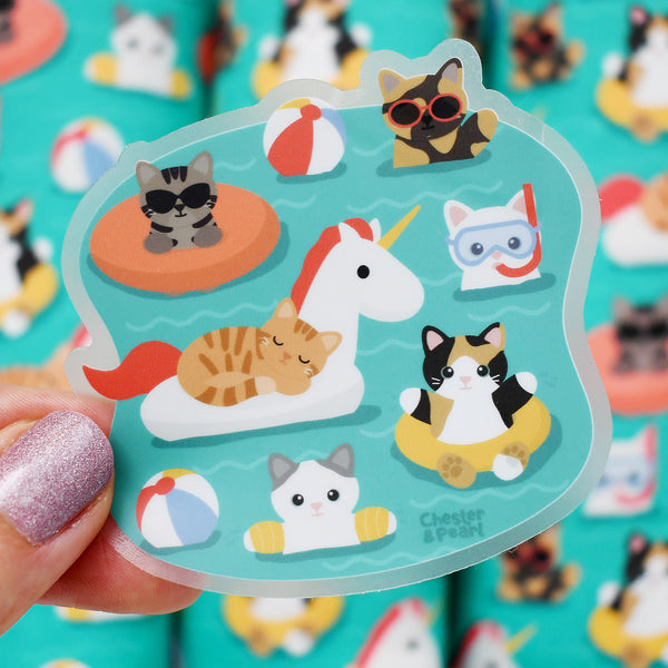 Pool Pawty 3-in. Clear Vinyl Cat Sticker