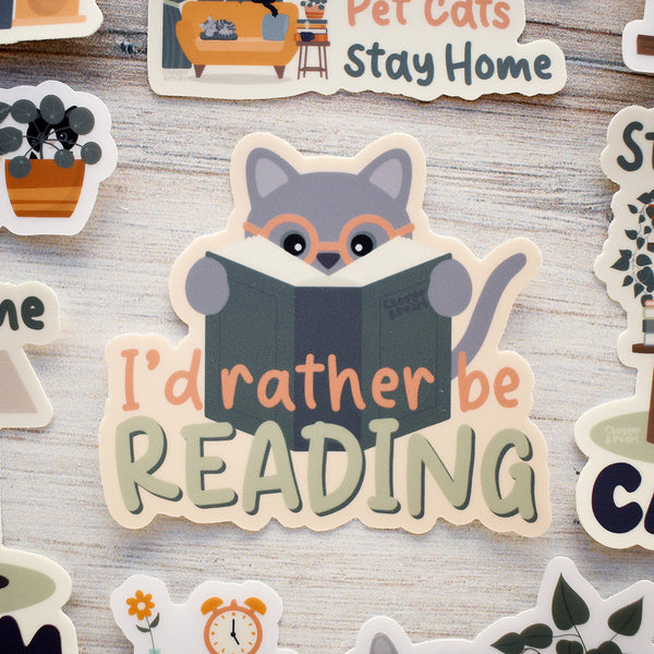 I'd Rather Be Reading 3-in. Vinyl Gray Cat Sticker