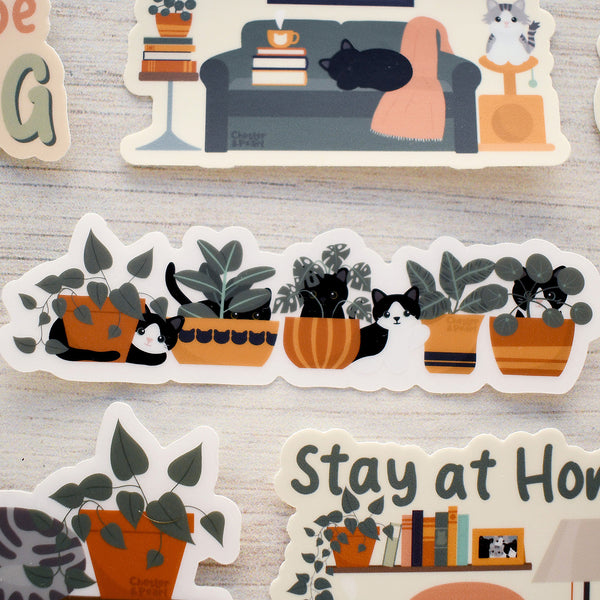 Cats in House Plants 4-in. Clear Vinyl Cat Sticker