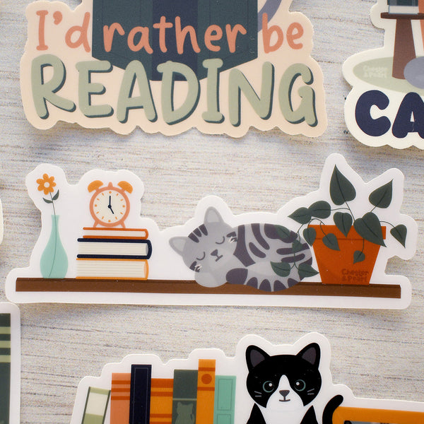 Gray Tabby on a Bookshelf 4-in. Clear Vinyl Cat Sticker