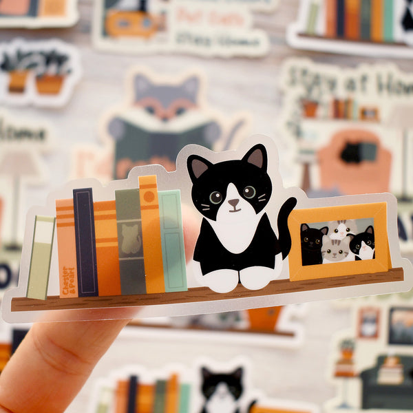 Black Tuxedo on a Bookshelf 4-in. Clear Vinyl Cat Sticker