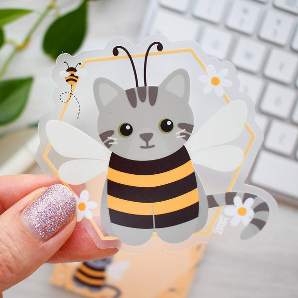 Gray Tabby Bee Cat 3-in. Clear Vinyl Sticker