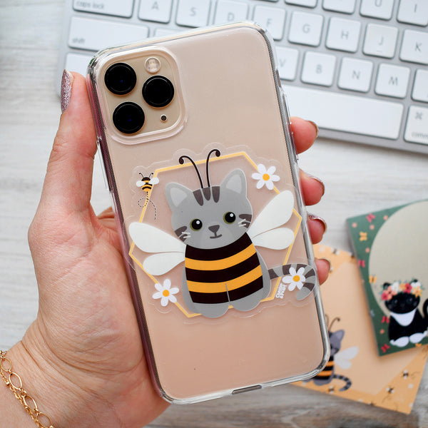 Gray Tabby Bee Cat 3-in. Clear Vinyl Sticker