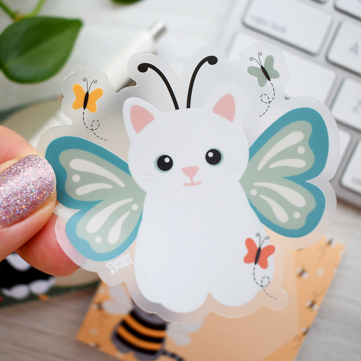 White Butterfly Cat 3-in. Clear Vinyl Sticker – Chester & Pearl