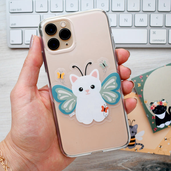 White Butterfly Cat 3-in. Clear Vinyl Sticker
