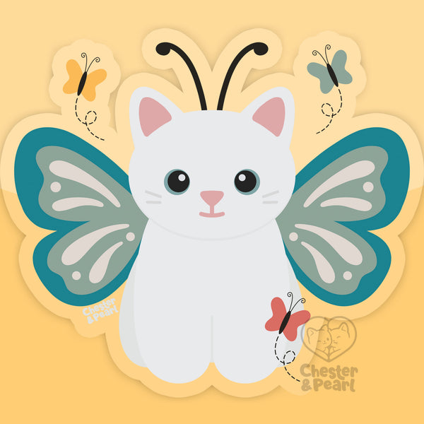 White Butterfly Cat 3-in. Clear Vinyl Sticker