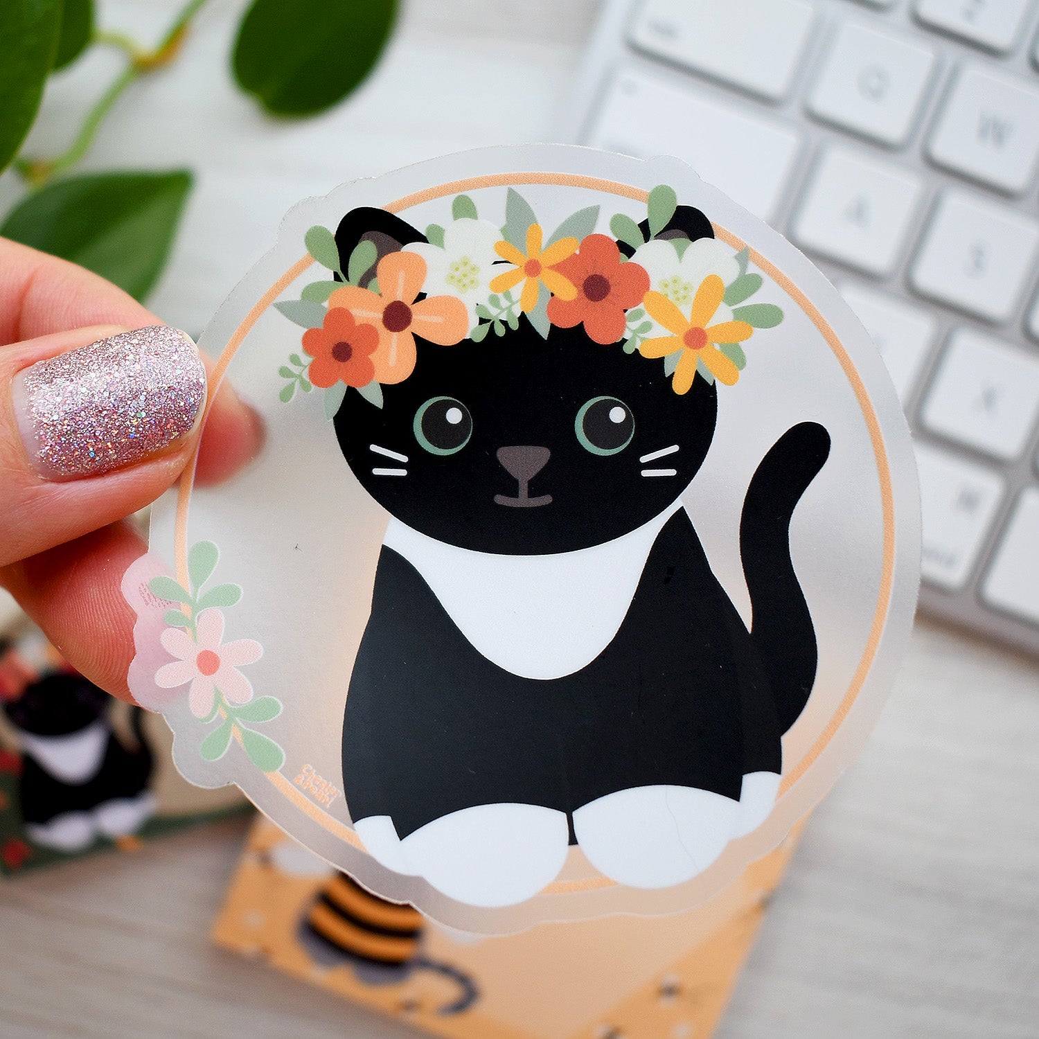 Black Tuxedo Flower Crown Cat 3-in. Clear Vinyl Sticker