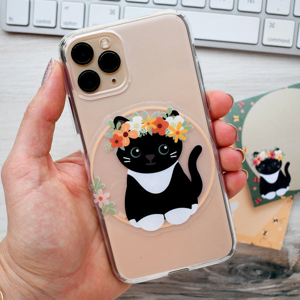 Black Tuxedo Flower Crown Cat 3-in. Clear Vinyl Sticker