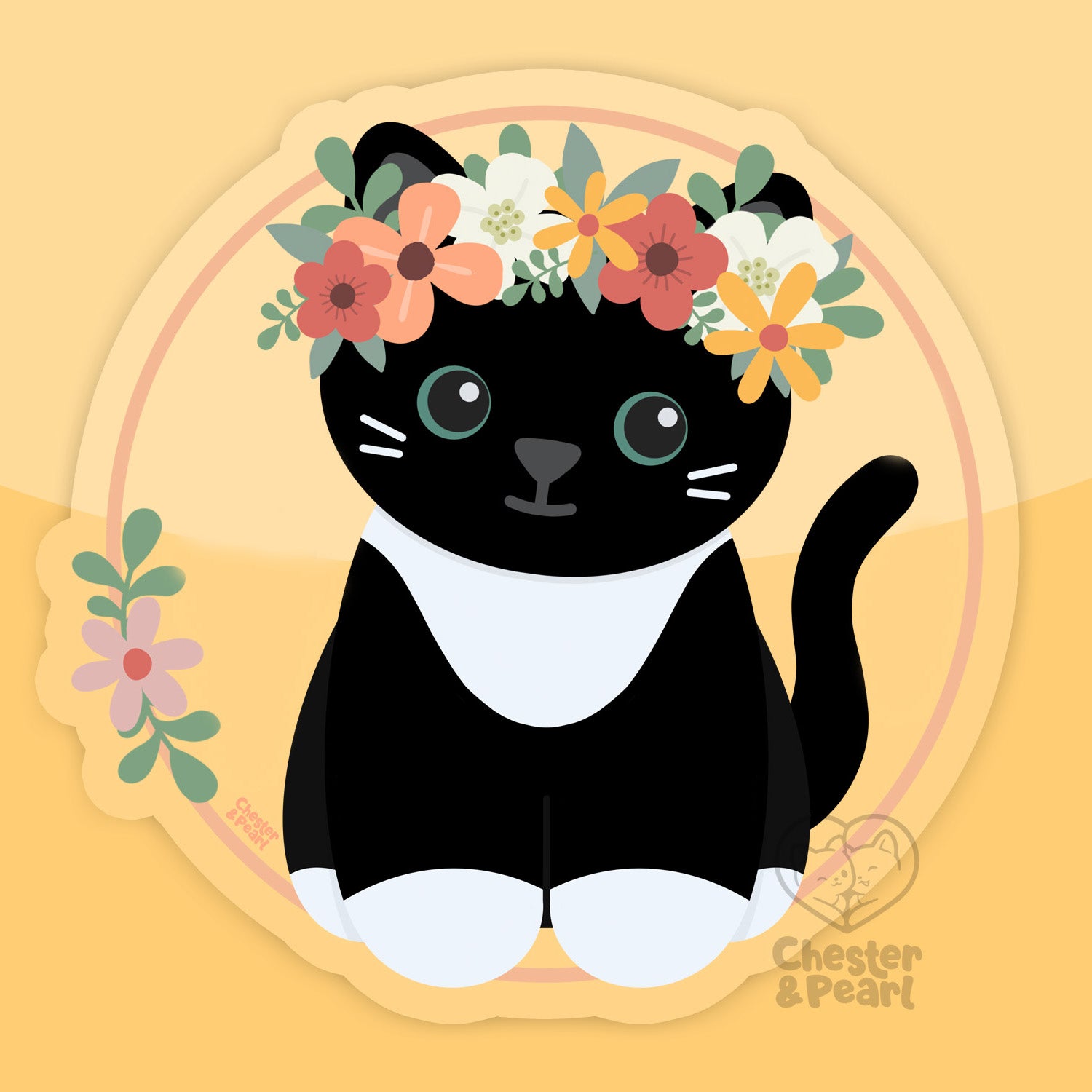 Black Tuxedo Flower Crown Cat 3-in. Clear Vinyl Sticker