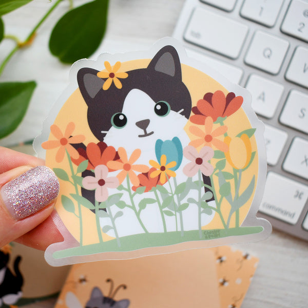 Gray and White Wildflower Field Cat 3-in. Clear Vinyl Sticker