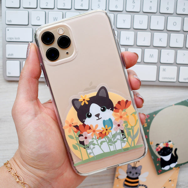 Gray and White Wildflower Field Cat 3-in. Clear Vinyl Sticker
