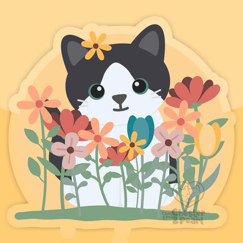 Gray and White Wildflower Field Cat 3-in. Clear Vinyl Sticker