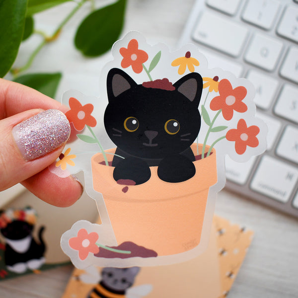 Black Cat in a Flower Pot 3-in. Clear Vinyl Sticker