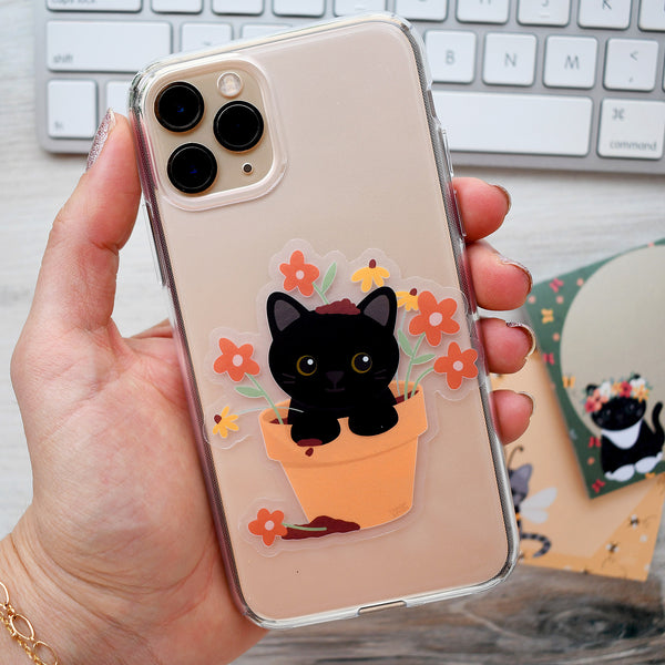 Black Cat in a Flower Pot 3-in. Clear Vinyl Sticker