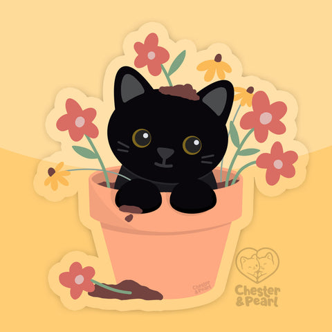 Black Cat in a Flower Pot 3-in. Clear Vinyl Sticker