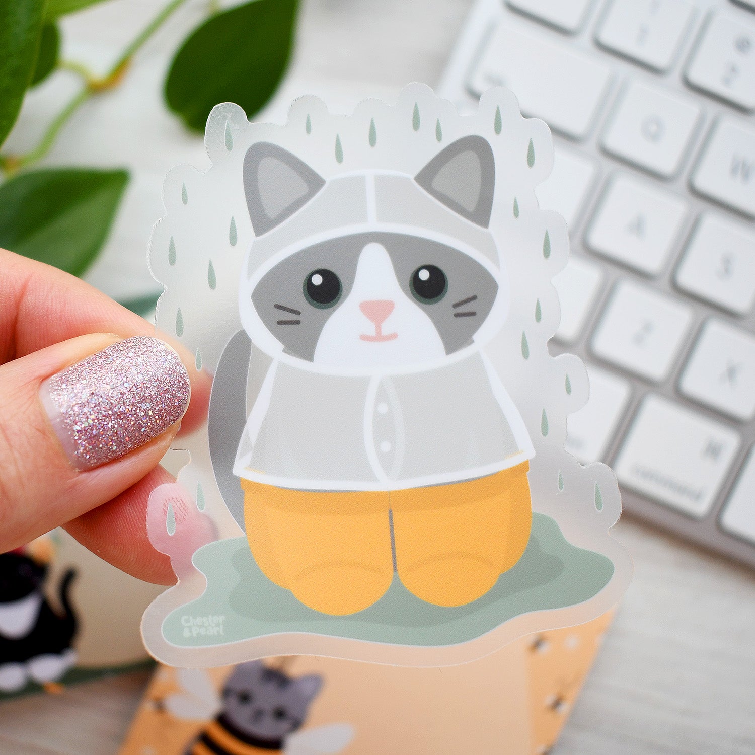 Gray Tuxedo Cat Rain Shower 3-in. Clear Vinyl Sticker