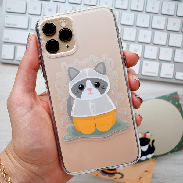 Gray Tuxedo Cat Rain Shower 3-in. Clear Vinyl Sticker
