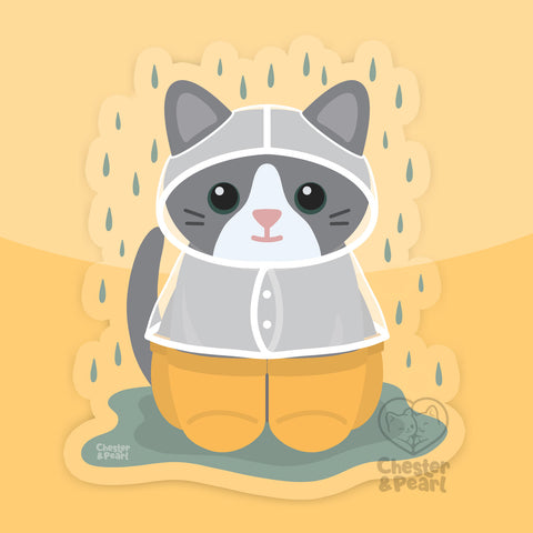 Gray Tuxedo Cat Rain Shower 3-in. Clear Vinyl Sticker