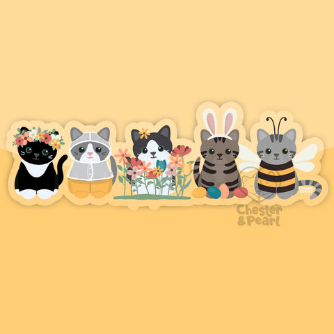 Row of Springtime Cats 4-in. Clear Vinyl Sticker