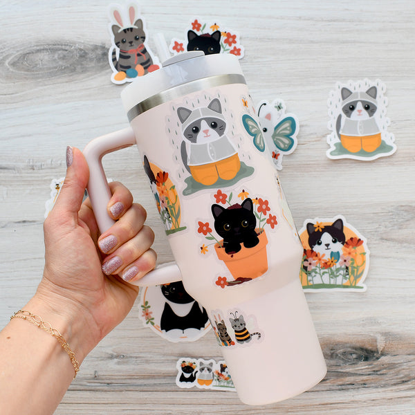 Row of Springtime Cats 4-in. Clear Vinyl Sticker