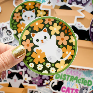 White Cat in Flowers 3-in. Round Vinyl Sticker