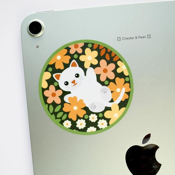 White Cat in Flowers 3-in. Round Vinyl Sticker