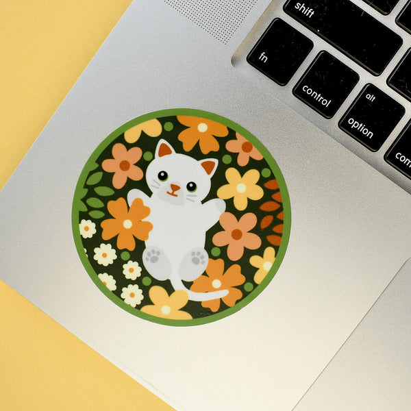 White Cat in Flowers 3-in. Round Vinyl Sticker