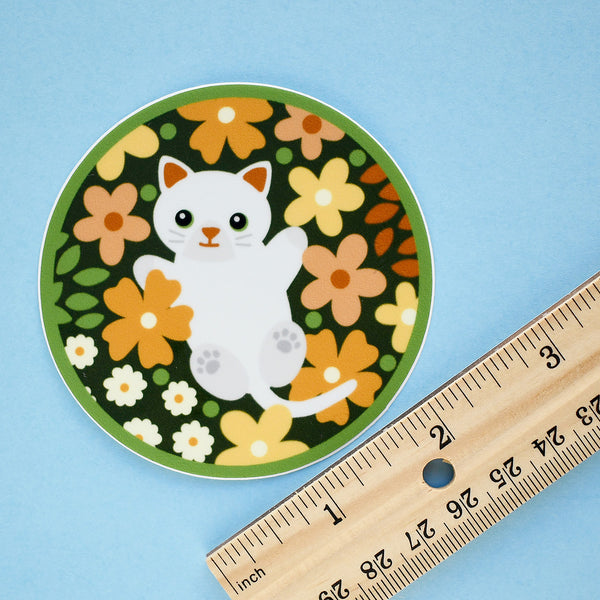 White Cat in Flowers 3-in. Round Vinyl Sticker
