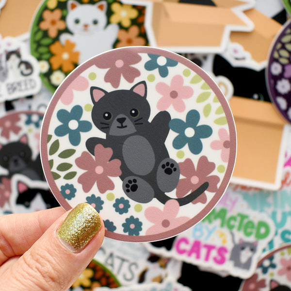 Gray Cat in Flowers 3-in. Round Vinyl Sticker
