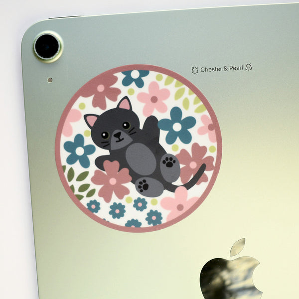 Gray Cat in Flowers 3-in. Round Vinyl Sticker