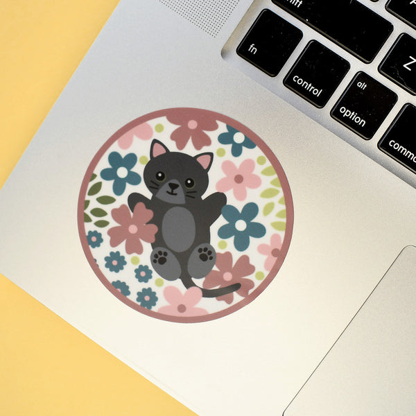 Gray Cat in Flowers 3-in. Round Vinyl Sticker
