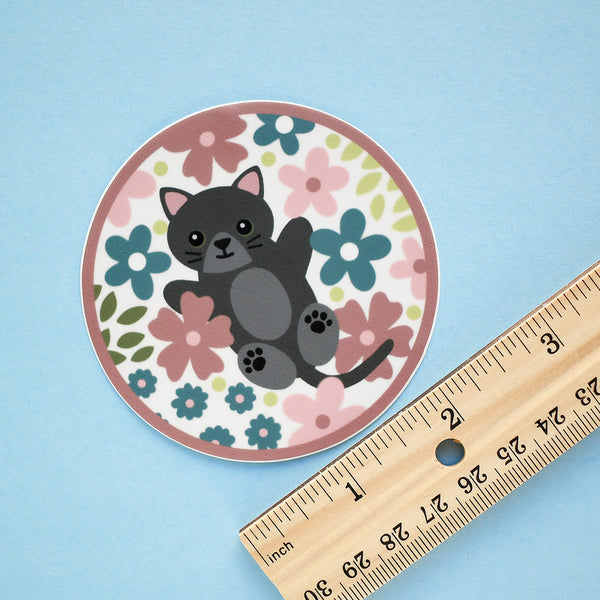 Gray Cat in Flowers 3-in. Round Vinyl Sticker