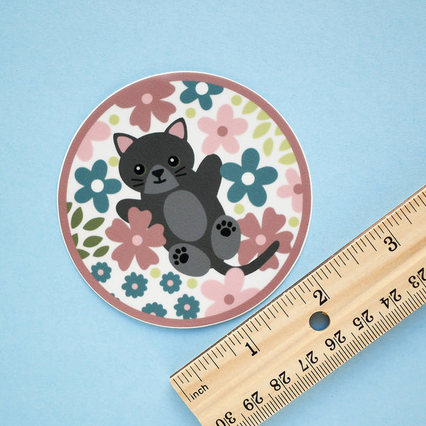 Gray Cat in Flowers 3-in. Round Vinyl Sticker