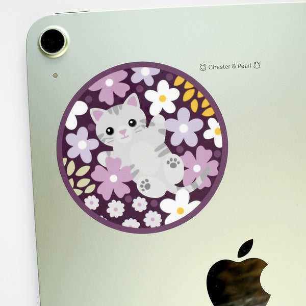 Gray Tabby Cat in Flowers 3-in. Round Vinyl Sticker