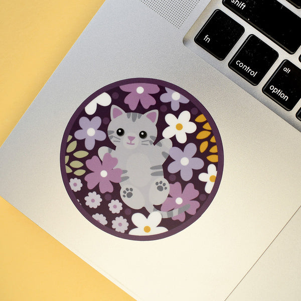 Gray Tabby Cat in Flowers 3-in. Round Vinyl Sticker