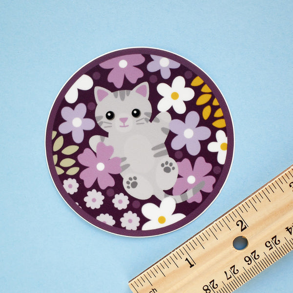 Gray Tabby Cat in Flowers 3-in. Round Vinyl Sticker